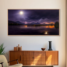 Carregar imagem no visualizador da galeria, Full moon canvas print, Lightning storm over a mountain lake at night, cool wall art, awesome wall art
