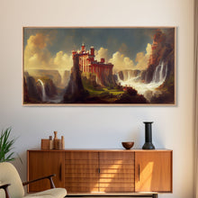 Cargar imagen en el visor de la galería, Fantasy wall art, canvas print, castle in the sky, castle atop mountains and waterfalls, watercolor
