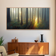Load image into Gallery viewer, Canvas print of a forest floor at golden hour, watercolor painting print, cool living room or guest room wall art
