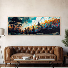 Cargar imagen en el visor de la galería, Extra large 24 x 72 wall art, framed canvas print, abstract pine tree forest painting, painting of a forest fire against a starry night sky
