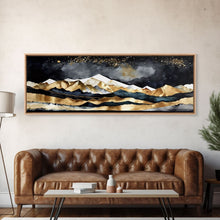 Carregar imagem no visualizador da galeria, Black &amp; Gold Mountain Landscape Painting, Framed Canvas Print, Panoramic Art, Extra Wide Art, Center Piece Decor, Above Fireplace or Sofa
