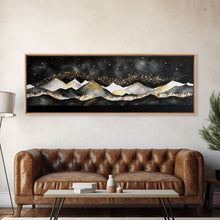 Cargar imagen en el visor de la galería, Black &amp; Gold Mountain Landscape Painting, Framed Canvas Print, Panoramic Art, Extra Wide Art, Center Piece Decor, Above Fireplace or Sofa
