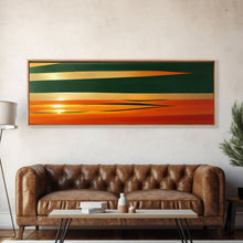 Carregar imagem no visualizador da galeria, Art Deco Wall Art, Framed Canvas Print, Emerald Green and Gold Palm Tree Leaves and Sunset, Panoramic Ultrawide Art, Large Format Wall Decor
