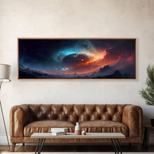 Load image into Gallery viewer, Beautiful Science Fiction Wall Art, Synthwave Style Scifi Art, Framed Canvas Print, Panoramic Alien Worlds and Star Filled Night Sky
