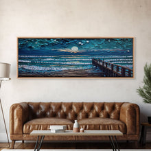 Load image into Gallery viewer, Panoramic Van Gogh Inspired Beach, Framed Canvas Print, Cool Painting, Full Moon Over Rolling Waves, Soothing Abstract Beach Decor
