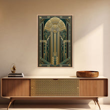 Carregar imagem no visualizador da galeria, Art Deco Wall art | Framed Canvas Print | Art Deco | Gold &amp; green art | Beautiful art | Midcentury Modern | Office decor | Stained glass art
