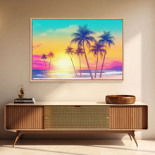 Load image into Gallery viewer, Colorful sunset Wall art, Framed Canvas Print, Synthwave Style, Guest room art, Pop Art Style, Watercolors, Beautiful art, Tropical Art
