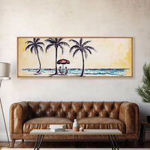 Load image into Gallery viewer, Couple In Beach Scene Art, Minimalist Beach Canvas Art Print, Palm Trees, Canvas Wall Art Beach, Panoramic, Wall Art, Canvas Print
