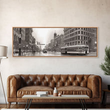 Load image into Gallery viewer, Detailed Street Sketch Canvas Print, City Wall Art, Bus, Cars, Buildings, Monochromatic Urban Art Print, Panoramic, Wall Art, Canvas Print
