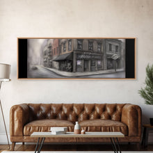 Load image into Gallery viewer, Dystopian City Canvas Print, Buildings, Man On Street, Urban Art, Large Urban Art Print, Wall Decor, Panoramic, Wall Art, Canvas Print
