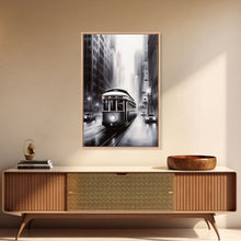 Carregar imagem no visualizador da galeria, Brooklyn Street Car Trolley, Framed Canvas Print, Retro Charcoal Drawing of NYC in The Rain
