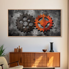 Load image into Gallery viewer, Gears Wall Art, Mechanical Design Wall Decor, Steampunk Art, Red Black, Panoramic Wall Decor, Canvas Print, Wall Art, Framed Canvas Art
