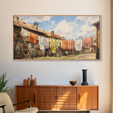 Load image into Gallery viewer, Watercolor Laundry In Village Wall Decor, Rural Wall Decor, Laundry Room, Panoramic Wall Decor, Canvas Print, Wall Art, Framed Canvas Art
