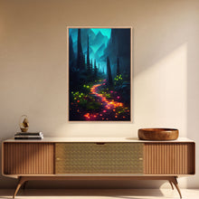 Load image into Gallery viewer, Luminescent magical forest canvas print, glowing trail though the trees, fantasy art
