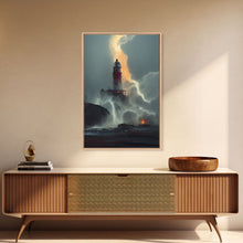 Load image into Gallery viewer, Lighthouse Oil Painting Canvas Print, Lightning striking a lighthouse during a dark stormy night, gloomy wall art
