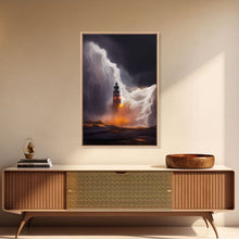 Load image into Gallery viewer, Lightning striking a burning lighthouse, canvas print, oil painting style, dark and gloomy wall art
