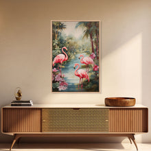 Cargar imagen en el visor de la galería, Flamingo Art Print, Tropical Wall Art, Palm Trees, Canvas Print, Wall Art, Vertical Print, Modern House Art, Gift For Boss, Bedroom Prints
