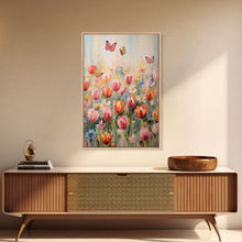 Load image into Gallery viewer, Tulip Field Wall Art, Flower Wall Print, Colorful Art, Butterfly Art, Canvas Print, Wall Art, Vertical Print, Birthday Gift, House Wall Art
