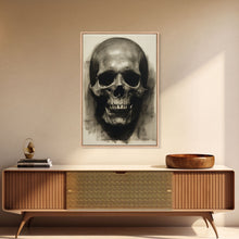 Cargar imagen en el visor de la galería, Charcoal Drawing, Gothic Art Print, Human Skull Decor, Canvas Print, Wall Art, Vertical Art, Entryway Prints, Wall Hanging, Birthday Gift
