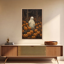 Carregar imagem no visualizador da galeria, Fall Omens - Spooky Ghost In A Pumpkin Patch, Halloween Decor, Fall Art, Framed Canvas Print, Spooky Halloween Decor
