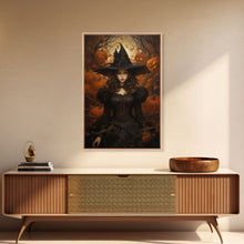 Load image into Gallery viewer, Beautiful Gothic Witch Art, Framed Halloween Canvas, Canvas Print, Spooky Halloween Wall Art, Halloween Deco, Witchy Art Pumpkin Patch Witch
