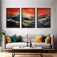 Carregar imagem no visualizador da galeria, Asian Art, Japanese Wall Art, Ocean Waves, Sunset Art, Canvas Print, Wall Art, 3 Piece Wall Art, Trendy Wall Art, Modern Art Prints

