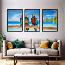 Cargar imagen en el visor de la galería, Parrot Wall Art, Tropical Wall Art, Beach Art Print, Seascape Print, Canvas Print, Wall Art, 3 Piece Wall Art, Apartment Wall Decor
