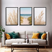 Load image into Gallery viewer, Framed Beach Photography Prints, 3 Piece Set, Minimalist Boho Beach Decor, Beach House Art, Rustic Decor, 3 Panel Art Prints
