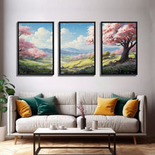 Cargar imagen en el visor de la galería, Cherry Blossom Art, Landscape Print, Mountain Wall Art, Canvas Print, Set Of 3 Prints, Wall Art, 3 Piece Wall Art, Country Home Decor
