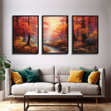 Carregar imagem no visualizador da galeria, Beautiful Fall Centerpiece Art, Framed Canvas Print, 3 Piece Art, Thanksgiving Centerpiece, Above Sofa Art, Fall Finds, Landscape Painting
