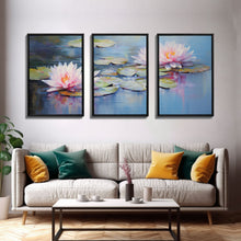 Load image into Gallery viewer, Lotus Wall Art, Floral Art Print, Water Lily Art, Canvas Print, Wall Art, 3 Piece Wall Art, Boho Wall Art, Farmhouse Wall Art, Closing Gift
