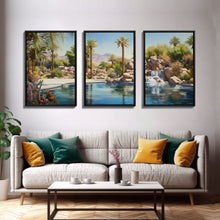 Load image into Gallery viewer, Desert Wall Art, Palm Trees Art, Oasis Print, Lake Art, Canvas Print, Wall Art, 3 Piece Wall Art, Thank You Gift, Above Bed Art, Travel Art
