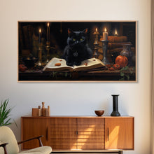 Load image into Gallery viewer, The Witch's Familiar, Black Cat Art, Witch Print, Framed Canvas or Poster, Victorian Oil Painting, Dark Academia, Witchcraft Decor
