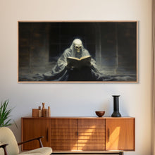 Load image into Gallery viewer, Grim Reaper Reading A Book In A Haunted Library, Framed Canvas Print, Victorian Oil Painting Style, Spooky Halloween Decor, Goth Art
