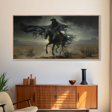 Load image into Gallery viewer, Ghost Cowboy Art, Framed Canvas Print, Halloween art, spooky decor, cowboy art, western decor, grim reaper on a horse in the desert
