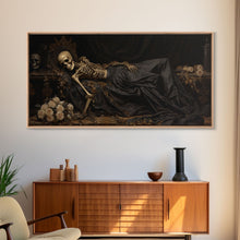 Load image into Gallery viewer, Eternal Slumber, Framed Canvas Print, Creepy Victorian Oil Painting, Halloween Art Prints, The Sleeping Skeleton Painting
