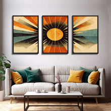Carregar imagem no visualizador da galeria, Abstract Midcentury Modern Sunburst, Art Deco Style art, sun with rays, sun burst, boho style, 3 Piece Wall Art, Ready To Hang Canvas Print
