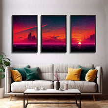 Load image into Gallery viewer, Cyber punk City At Sunset, Outrun, 3 Piece Wall Art, Ready To Hang Canvas Print, Cool Unique Mancave wall Art Decor
