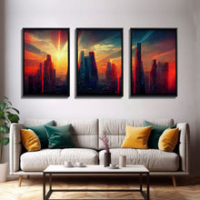 Load image into Gallery viewer, Cyberpunk City At Sunset, Futuristic, 3 Piece Wall Art, Ready To Hang Canvas Print, Cool Living Room Wall Art Decor
