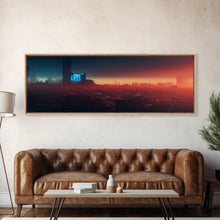 Load image into Gallery viewer, Cyberpunk Cityscape, Ready To Hang Canvas Print, Panoramic, Cyberpunk Concept Art, Cityscape at Sunset, Cool mancave art, gift for him
