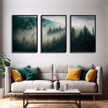 Load image into Gallery viewer, 3 piece Misty forest Fog wall art Foggy forest Farmhouse decor Foggy landscape Forest canvas print Multi panel canvas Trendy wall decor
