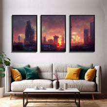Load image into Gallery viewer, Cyberpunk City, Night City Watercolor, Videogame Concept Art, Watercolor Of a Cyberpunk City 3 Piece Wall Art, Ready To Hang Canvas Print
