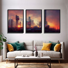 Load image into Gallery viewer, Cyberpunk City, Night City Watercolor, Videogame Concept Art, Watercolor Of a Cyberpunk City 3 Piece Wall Art, Ready To Hang Canvas Print

