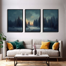 Load image into Gallery viewer, 3 Piece Art, Winter Nature Landscape, Framed Canvas Prints, Canvas Art, Large Format Wall Art, Huge Art, Pine Tree Forest Decor
