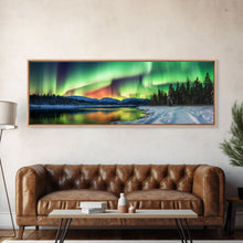 Carregar imagem no visualizador da galeria, Aurora Borealis, Northern Lights Panoramic Framed Canvas Print, Beautiful Winter Wonderland Landscape Painting
