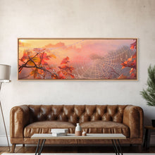 Load image into Gallery viewer, Dew Covered Spiderweb In The Fall, Framed Canvas Print, Autumn Centerpiece, Fall Leaves In The Autumn
