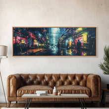 Load image into Gallery viewer, Cyberpunk Tokyo City Streets, Framed Canvas Print, Cyberpunk Style Wall Art, Synthwave Decor, Videogame Concept Art
