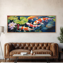 Load image into Gallery viewer, The Koi Pond Framed Canvas Print, Koi Fish Decor, Koi Fish Garden Wall Art, Koi Fish and Lilly Pads

