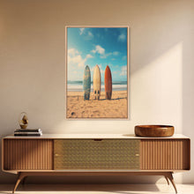 Load image into Gallery viewer, Surf Board Art, Framed Canvas Print, Surf Decor, Surf Art, Surfboard Wall Art, Surf Wall Art, Surf Poster, Surf Board Decor, Beach House Art
