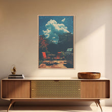 Carregar imagem no visualizador da galeria, Back Yard Chillin&#39;, Summer Vibes, Framed Canvas Print, Retro Midcentury Modern BBQ Art, BBQ During An Eclipse, Liminal Art, Minimalist MCM
